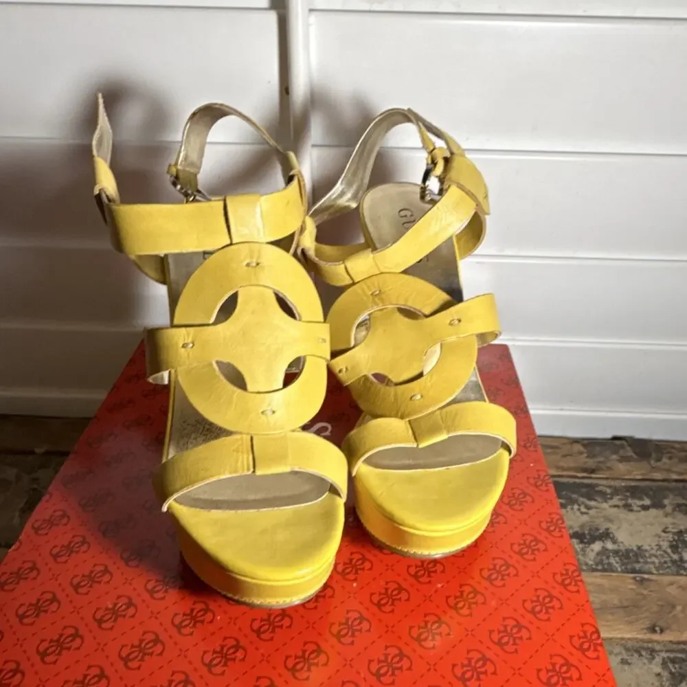 GUESS Yellow Leather Strappy Wedge Sandals Buckle Women's Size 7.5M